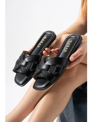 Dabab Shoes Lında Kadın Siyah Kare Burun Örgü Bantlı Düz Taban Günlük Terlik