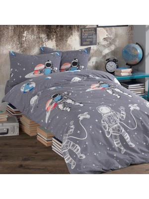 Karden Flower Astronaut Gri Pamuklu Ranforce Tek Kişilik Nevresim Takımı