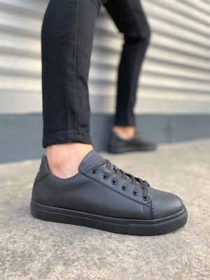 Siyah Mode Bağcıklı Cilt Erkek Günlük Sneaker Ayakkabı