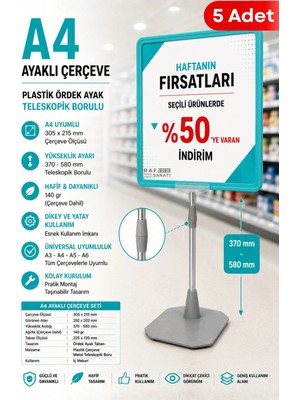 Raf Sanatı 5 Adet - A4 Ayaklıetiketlik Teleskopik Borulu Çerçeve Etiketlik Yönlendirme Levhası Menü Panosu Turkuaz
