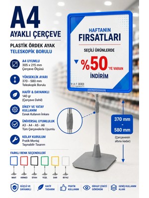 Raf Sanatı A4 Ayaklıetiketlik Teleskopik Borulu Çerçeve Etiketlik Yönlendirme Levhası Menü Panosu Mavi
