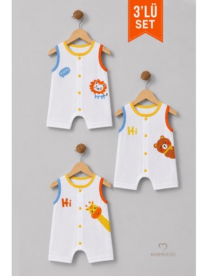 Babyden's Erkek Bebek Şortlu Tulum 3'lü Set % 100 Pamuklu Kolsuz Çıtçıtlı Yazlık Safari Baskılı Yenidoğan Bebek Tulumu