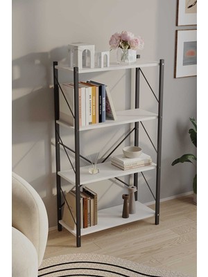Woodensa Dört Katli Çok Amaçli Rafli Kitaplik (Syah Profil Beyaz Sunta) 60X24X115 cm MTL017