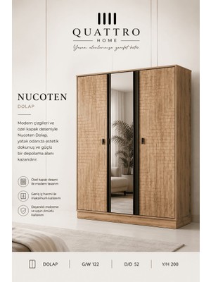 Quattro Home Nucoten Dolap  Aynalı Özel Kapak Desenli Modern Gardırop