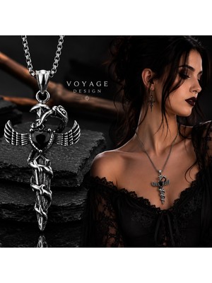 Voyage Accessory Paslanmaz Çelik Siyah  Zirkon Taşlı Yılan Kanat Detaylı Gotik Kadın Kolye