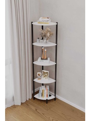 Woodensa Bes Rafli Çok Amaçli Köse Kitaplik (Siyah Profil Beyaz Sunta) 40X30X150 cm Mtl 042