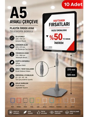 Raf Sanatı 10 Adet - A5 Ayaklı Çerçeve Seti Plastik Ördek Ayak Teleskopik Boruluetiketliği Yönlendirme Levhası Menü Panosu Siyah
