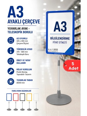Raf Sanatı 5 Adet - A3 Ayaklı Çerçeve Seti Yuvarlak Tabanlı Teleskopiketiketi Standı Mavi