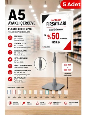 Raf Sanatı 5 Adet - A5 Ayaklı Çerçeve Seti Plastik Ördek Ayak Teleskopik Boruluetiketliği Yönlendirme Levhası Menü Panosu Beyaz