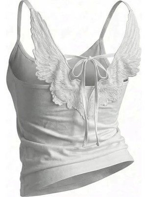 İsra Ayyıldız Moonstar Collection Beyaz Melek Kanatlı Bağlamalı Sırt Dekolteli Y2K Kısa Kollu Crop