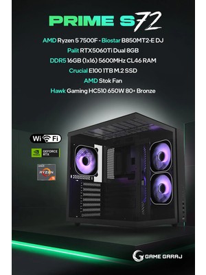 Game Garaj Prime S72 Amd R5 7500F 16GB Ram 1tb SSD RTX5060TI 8gb Freedos Oyuncu Oem Paket