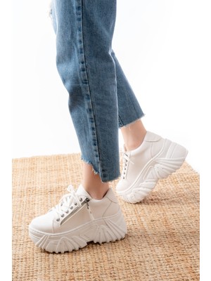 Zerenyus ZRİN-156 Premium Beyaz Bağcıklı Fermuarlı Yüksek Taban Kadın Sneaker 8 cm