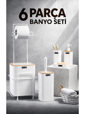 Okyanus Home 6 Parça Beyaz Plastik Modern Tasarım Banyo Seti Yedekli WC Kağıtlık