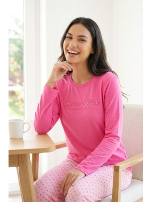 Mataş Kadın Desenli Bambu Viskon Uzun Kollu Soft Örme Mevsimlik Yumuşak Pijama Takımı