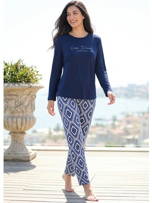 Mataş Kadın Desenli Bambu Viskon Uzun Kollu Soft Örme Mevsimlik Yumuşak Pijama Takımı