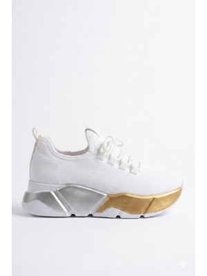 Zerenyus ZRİN-400 Premium Beyaz Bağcıklı Triko Kalın Taban Kadın Sneaker 5 cm