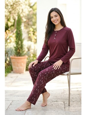 Mataş Kadın Pamuklu Uzun Kollu Üç Düğmeli Biyeli Soft Örme Yumuşak Pijama Takımı