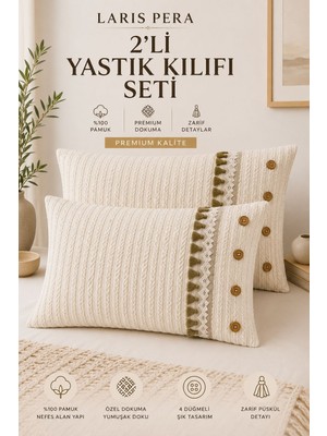 Larispera %100 Pamuk Örgü Pike 2 Adet Yastık Kılıfı Premium Dokuma Düğmeli Püsküllü Tasarım Krem