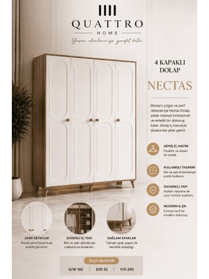 Quattro Home Nectas 4 Kapaklı Dolap – Geniş Iç Hacimli Modern Gardırop