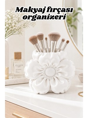 the mr east Çiçek Formlu Saten Dokulu Makyaj Fırçası Organizeri 15X11CM Pla Dekoratif Organizer