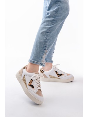 Zerenyus ZRİN-01 Premium Beyaz Leopar Desenli Bağcıklı Kadın Sneaker