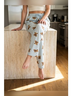Mataş Kadın Tek Alt Pijama Büyük Beden Milan Kumaş Lastikli Bel Bağcıklı Mavi Ayıcık Desenli Homewear Ev Giyim