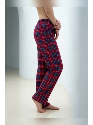 Mataş Kadın Tek Alt Pijama Büyük Beden Milan Kumaş Lastikli Bel Bağcıklı Mavi Kırmızı Ekoseli Homewear Ev Giyim