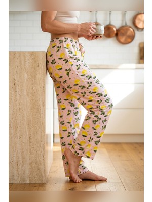 Mataş Kadın Tek Alt Pijama Büyük Beden Milan Kumaş Lastikli Bel Bağcıklı Sarı Limon Desenli Homewear Ev Giyim