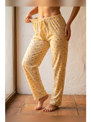 Mataş Kadın Tek Alt Pijama Büyük Beden Milan Kumaş Lastikli Bel Bağcıklı Sarı Bulut Desenli Homewear Ev Giyim