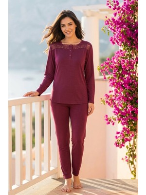 Kadın Dantelli Bambu Viskon Uzun Kollu Mevsimlik Soft Örme Pijama Takımı