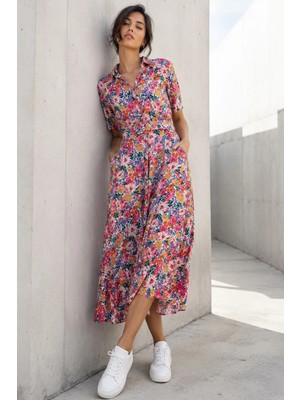 Madmext Pembe Çiçek Desenli Gömlek Yaka Midi Elbise MG1821