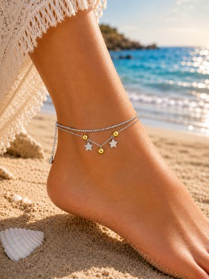Adata Jewelry Çelik Singapur Gümüş Yıldız Gold Top Halhal Gümüş Renk