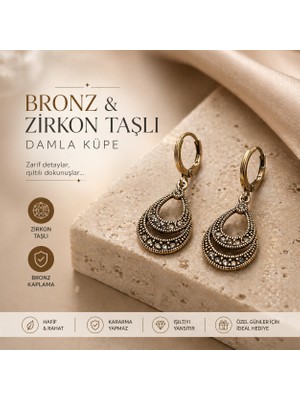 Bulu'us Accessories Bronz Kaplama Zirkon Taşlı Damla Model Küpe | Vintage Şık Tasarım Anneye Sevgiliye Eşe Hediye