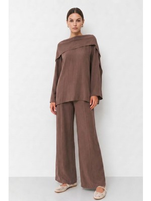 Rays Kahve Şal Yaka Tunik  Pantolon Takım 6350