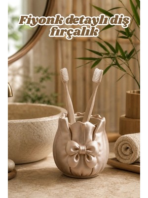 the mr east Fiyonk Detaylı Saten Dokulu Diş Fırçalık 13X12CM Pla Banyo Organizeri Şık Dekoratif
