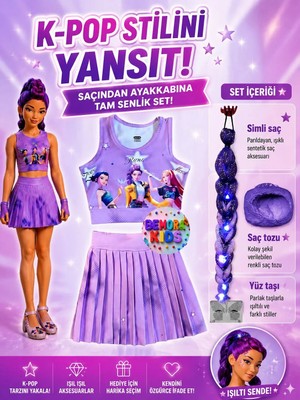 Bemora Kids Kpop Huntrix Mor Etek Bluz Alt Üst 2 Li Takım Şort Etek + Kpop Huntrix  Rumi Mor Simli Saç + Yüz Taşı + Mor Saç Tozu Seti