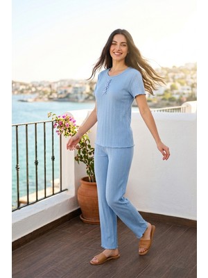 Kadın Bambu Viskon Transfer Ribana Kısa Kollu Düğmeli Pijama Takımı