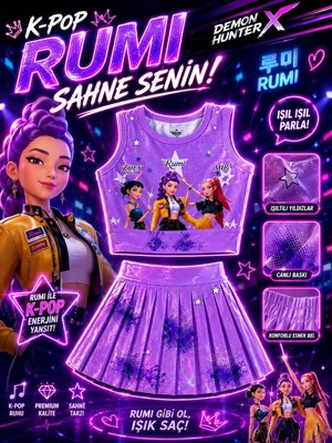 Bemora Kids Kpop Huntrix Mor Etek Bluz Alt Üst 2 Li Takım Şort Etek