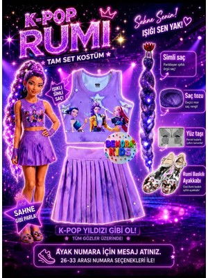 Bemora Kids Kpop Huntrix Mor Etek Bluz Alt Üst 2 Li Takım Şort Etek +Rumi Mor Simli Saç + Yüz Taşı + Mor Saç Tozu+ Eldiven + Kpop Ayakkabı  Seti