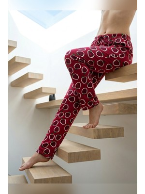 Mataş Kadın Tek Alt Pijama Büyük Beden Milan Kumaş Lastikli Bel Bağcıklı Kırmızı Çilek Desenli Homewear Ev Giyim