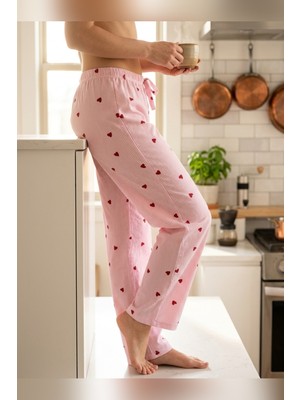 Mataş Kadın Tek Alt Pijama Büyük Beden Milan Kumaş Lastikli Bel Bağcıklı Beyaz Kırmızı Kalp Desenli Homewear Ev Giyim