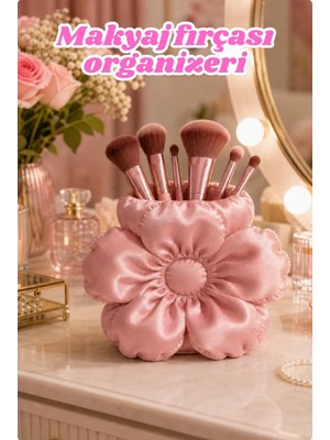 the mr east Çiçek Formlu Saten Dokulu Makyaj Fırçası Organizeri 15X11CM Pla Dekoratif Organizer