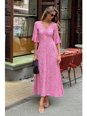 Pembe  Çiçek Desenli  Yarım Kollu Elbise MG2390
