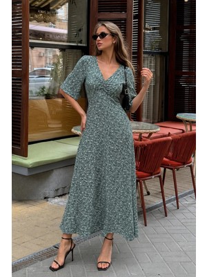 Mint Yeşili Çiçek Desenli  Yarım Kollu Elbise MG2390