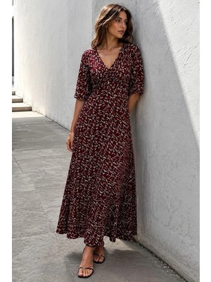 Bordo Çiçek Desenli  Yarım Kollu Elbise MG2390