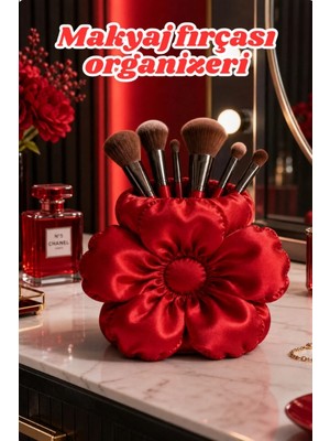 the mr east Çiçek Formlu Saten Dokulu Makyaj Fırçası Organizeri 15X11CM Pla Dekoratif Organizer