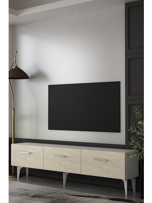 Dekortis Home Dekor 180DHDTS2BTG Eros Tv Sehpası,ünitesi Beyaz-Traverten-Gümüş
