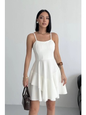 Alfudo Moda Collection Ince Askılı Eteği Kat Detay Beyaz Abiye Mezuniyet Elbisesi