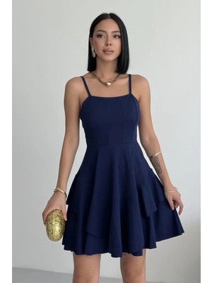 Alfudo Moda Collection Ince Askılı Eteği Kat Detay Lacivert Abiye Mezuniyet Elbisesi