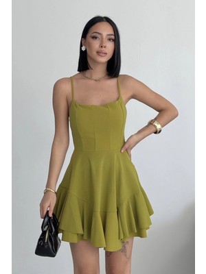 Alfudo Moda Collection Ince Askılı Eteği Kat Detay Yağ Yeşili Abiye Mezuniyet Elbisesi